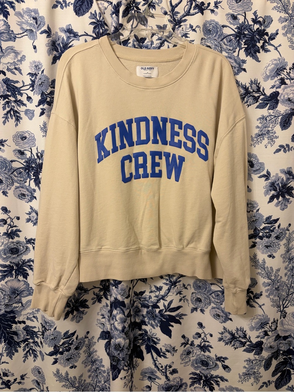 Old Navy Cream Crewneck Sweatshirt with Blue "KINDNESS CREW" Graphic